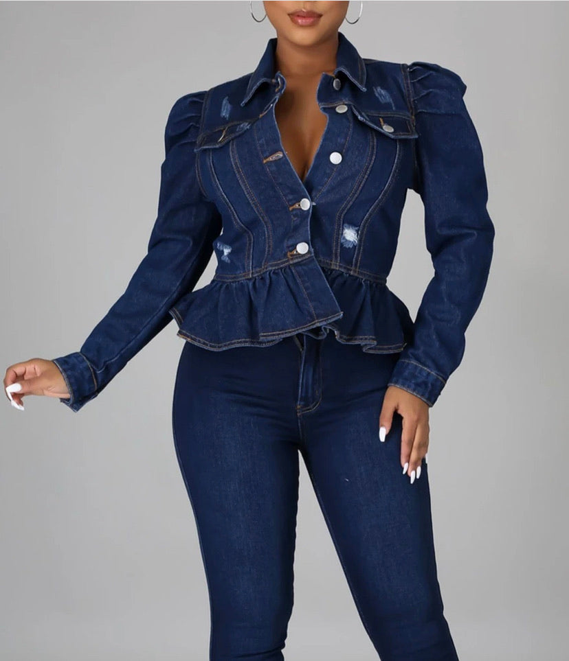 Cropped and Ruffled Denim Jacket