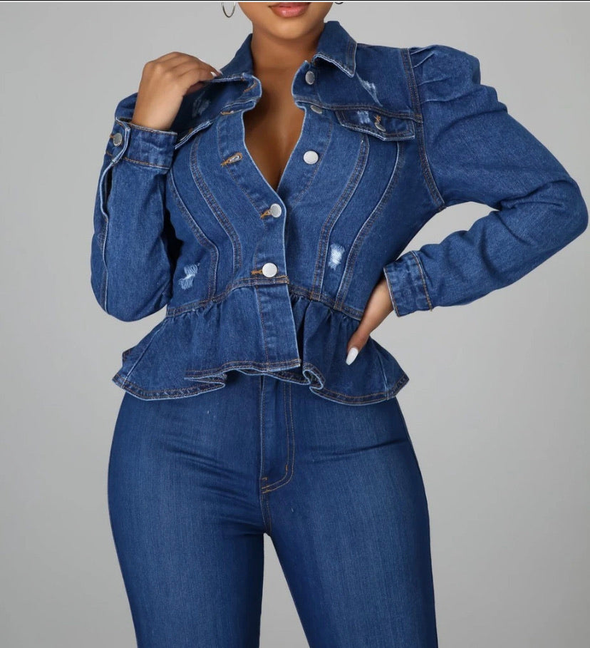 Cropped and Ruffled Denim Jacket