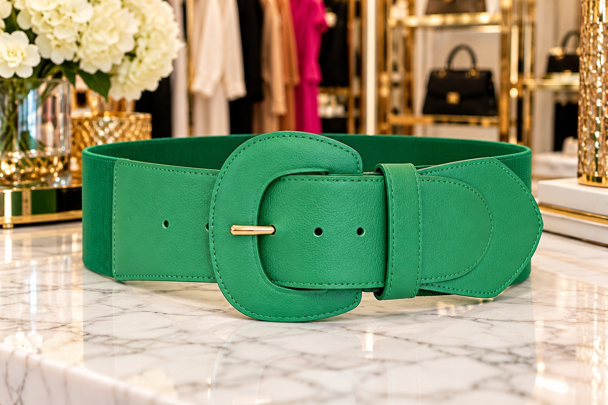 Green wide stretch belt with a large statement buckle on a marble counter