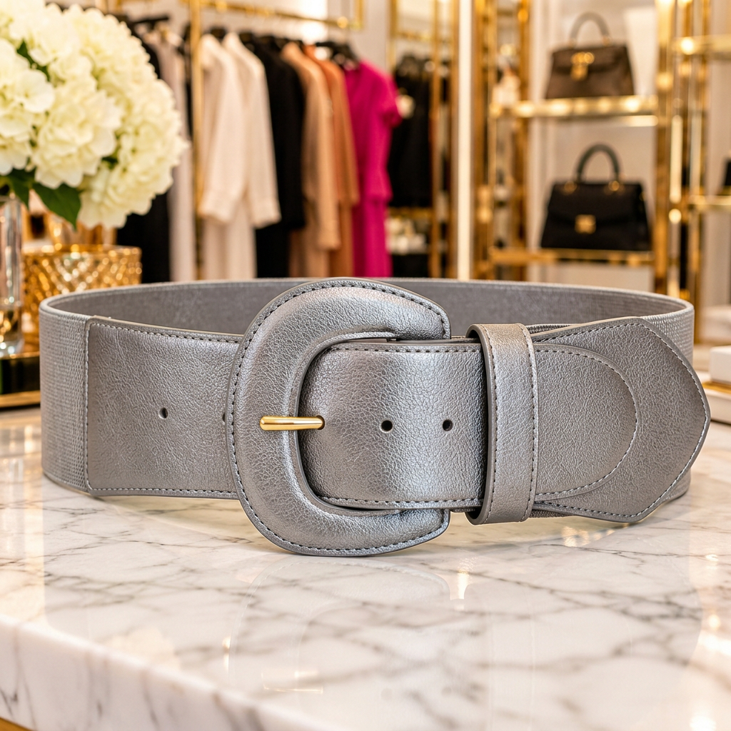 Wide stretch belt in metallic silver with a large statement buckle, on a marble counter