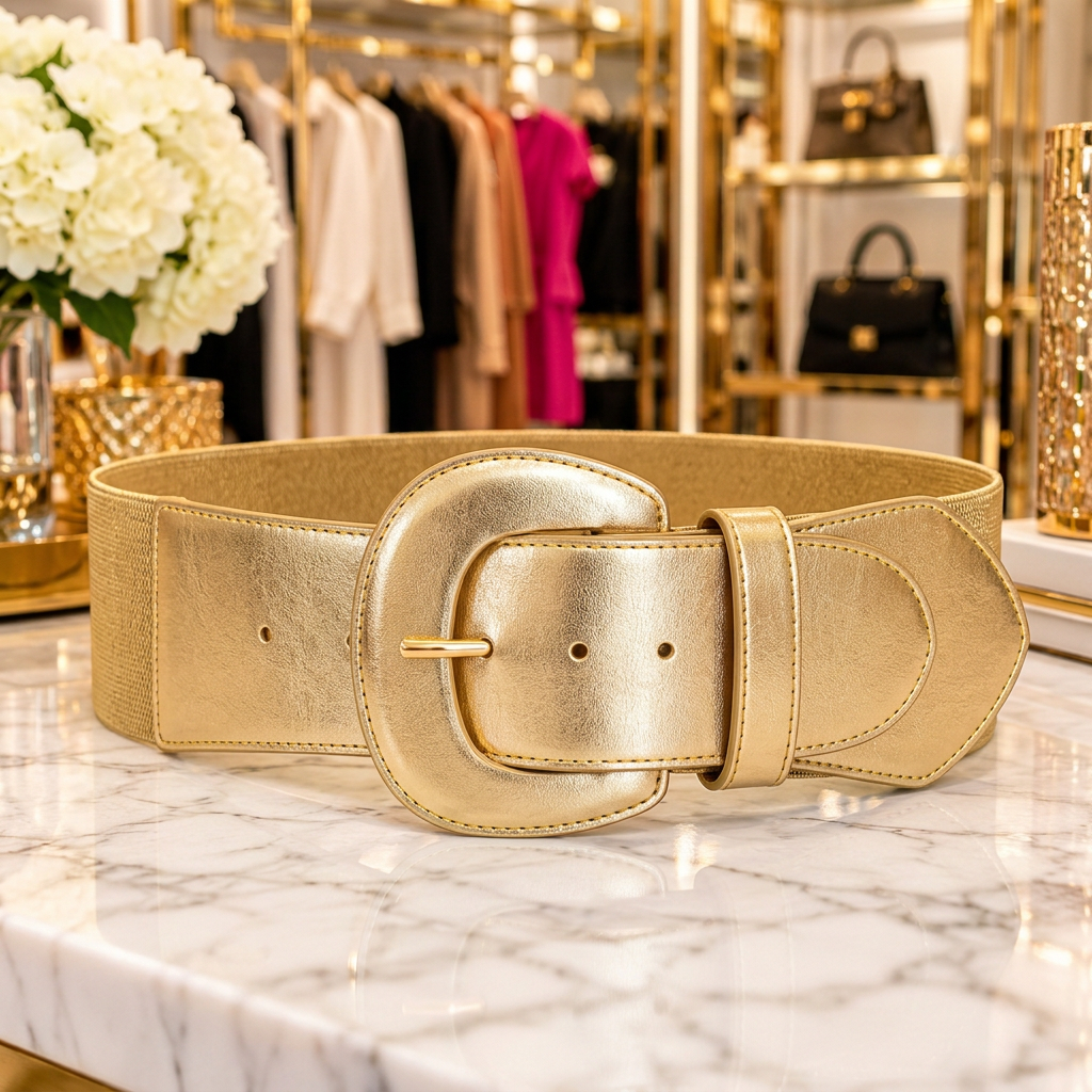 Wide stretch belt in metallic gold with a large statement buckle, on a marble counter