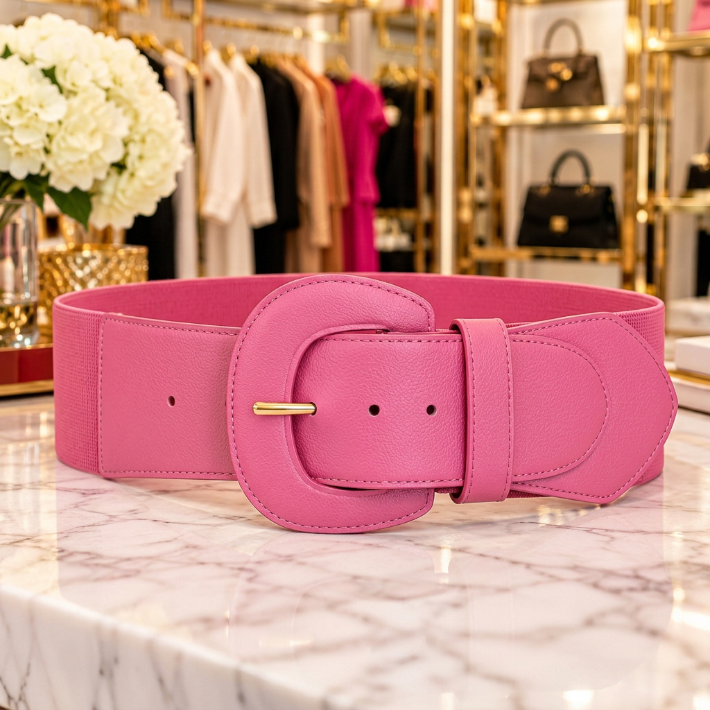 Wide stretch belt in pink with a large statement buckle, on a marble counter