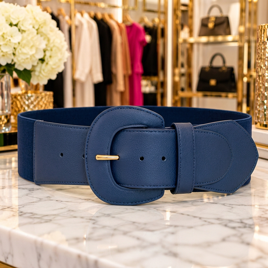 Wide stretch belt in navy blue with a large statement buckle, on a marble counter
