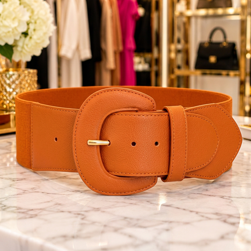 Wide stretch belt in orange with a large statement buckle, on a marble counter