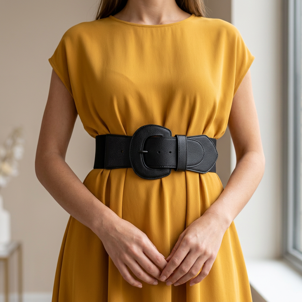 Black wide stretch belt with a statement buckle worn over a mustard yellow midi dress
