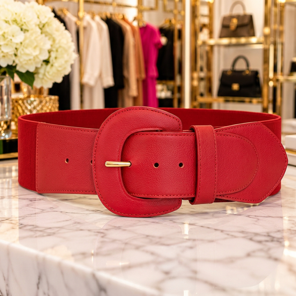 Wide stretch belt in red with a large statement buckle, on a marble counter