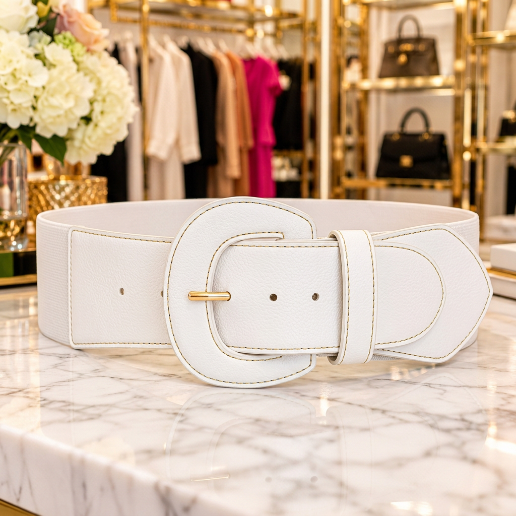 Wide stretch belt in white with a large statement buckle, on a marble counter