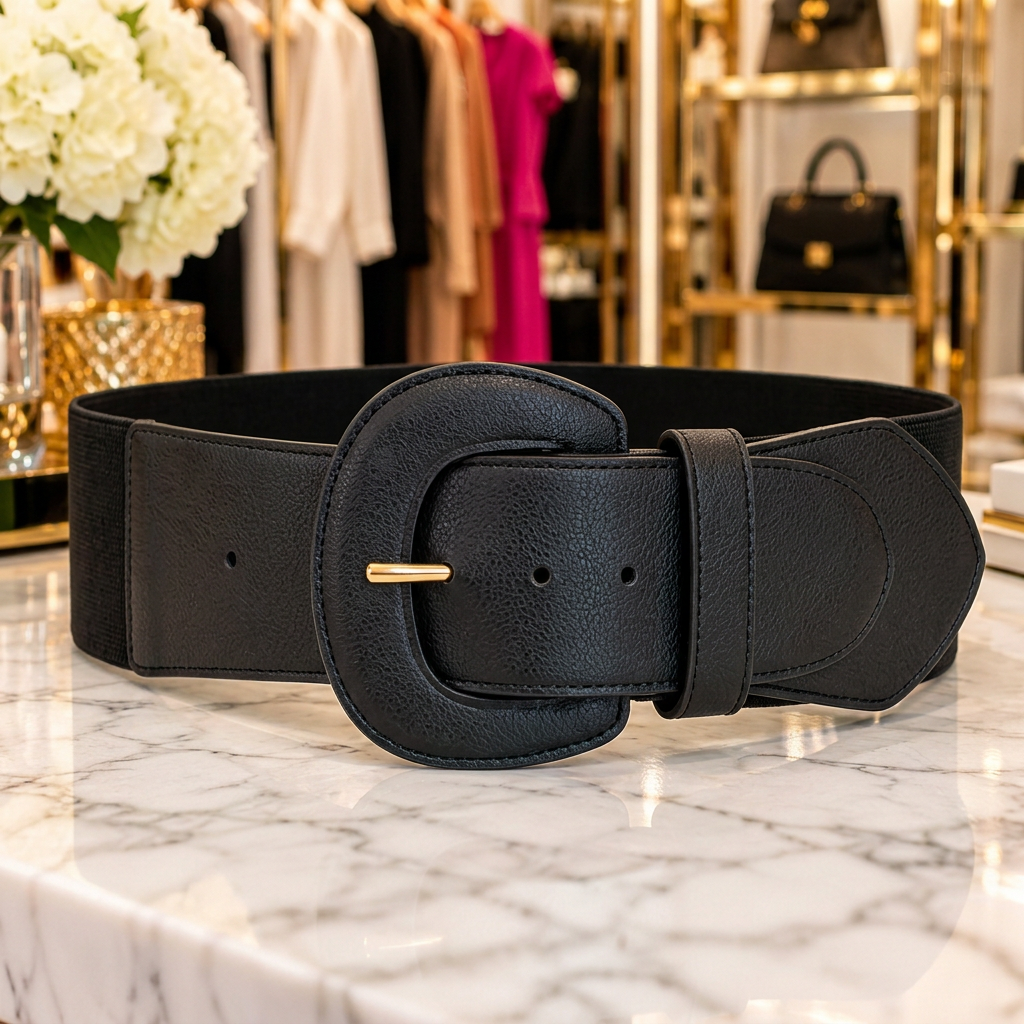 Wide stretch belt in black with a large statement buckle, on a marble counter